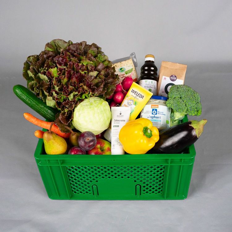 Grüner Korb gefüllt mit frischem Gemüse, Obst, Joghurt, Öl, Zahnpasta und anderen Bio-Produkten
