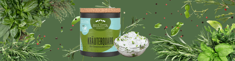 Dose Kräuterquark von Biolotta mit frischen Kräutern und Gewürzen vor grünem Hintergrund