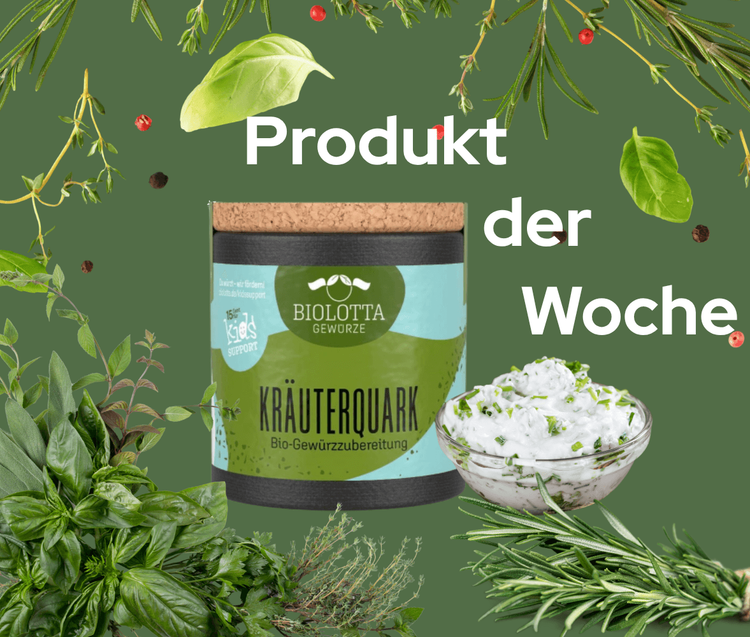 Biolotta Kräuterquark Gewürzmischung mit frischen Kräutern und Quark in einer Schüssel auf grünem Hintergrund