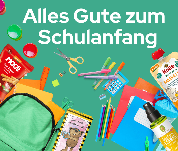 Gruß zum Schulanfang mit Schultasche, Stiften, Schere, Taschenrechner und Snacks auf grünem Hintergrund