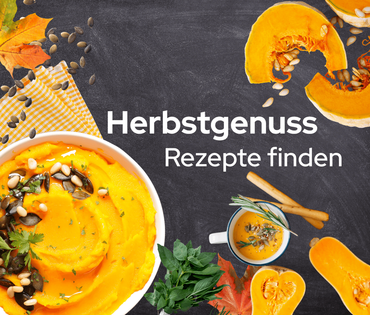 Herbstliches Kürbisgericht mit Kürbispüree und Kräutern, daneben Text Herbstgenuss Rezepte finden