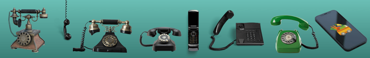 Entwicklung von Telefonen von alten Wählscheibentelefonen bis zu modernen Smartphones nebeneinander