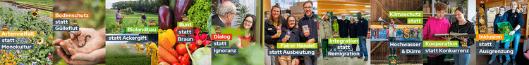 Collage von nachhaltigen Projekten mit Texten zu Artenvielfalt, Bodenschutz, Biolandbau, Dialog, Fairer Handel, Integration, Klimaschutz, Kooperation und Inklusion