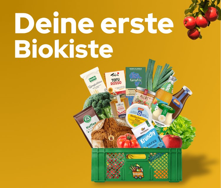 Grüne Biokiste mit Brot, Gemüse, Tofu, Honig und weiteren Bio-Produkten vor gelbem Hintergrund