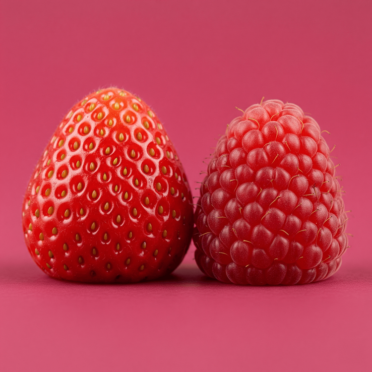 KI generiert: Erdbeere und Himbeere vor rosa Hintergrund.