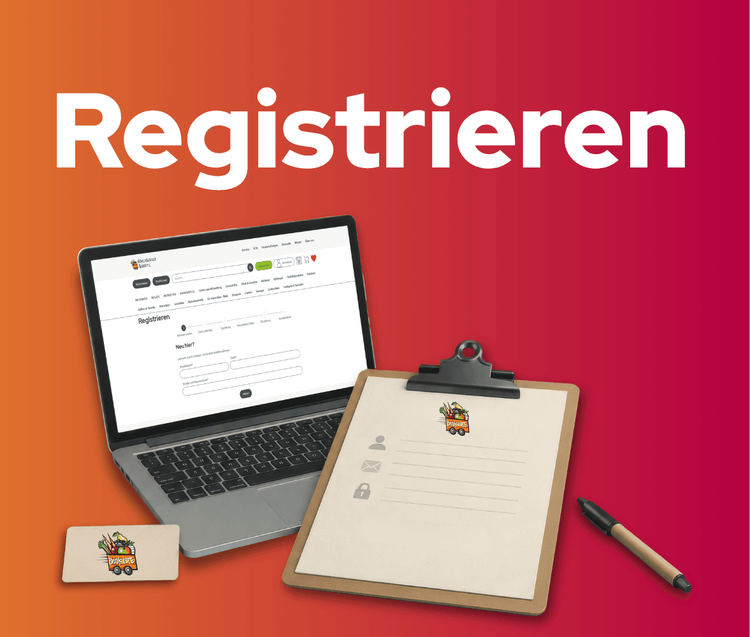 Laptop mit Registrierungsformular, Klemmbrett mit Formular und Stift auf rot-orange Hintergrund
