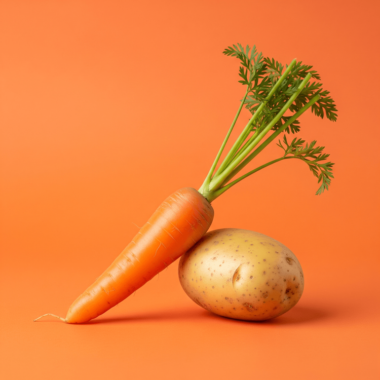 KI generiert: Karotte und Kartoffel auf orangefarbenem Hintergrund.