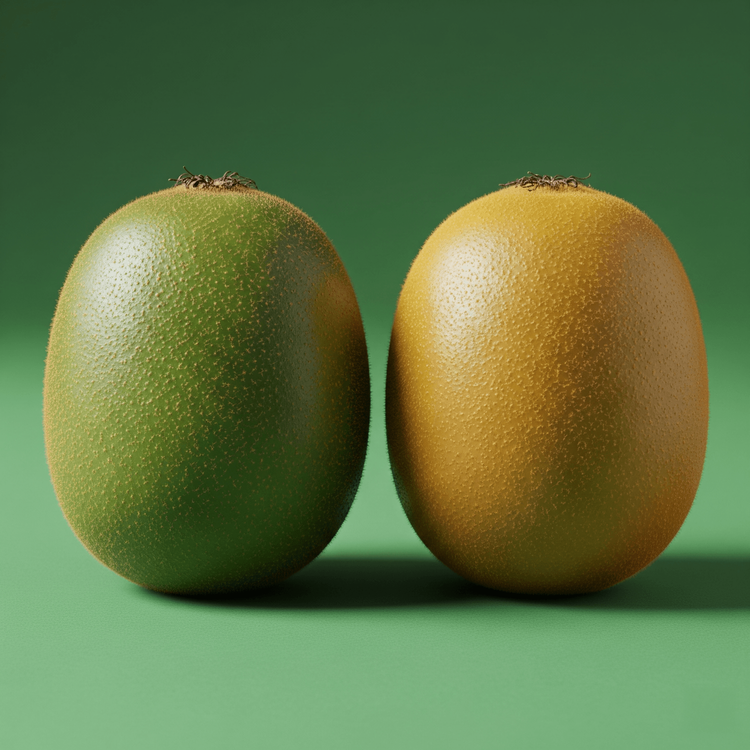 KI generiert: Zwei Kiwis nebeneinander, eine grün und eine gelb, auf grünem Hintergrund.