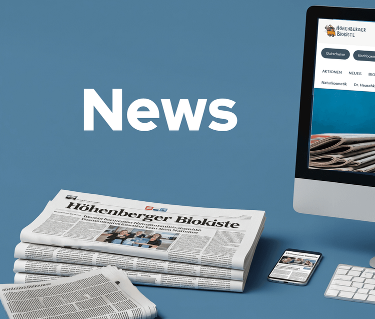 Aktuelle Nachrichten von Höhenberger Biokiste als Zeitung, Desktop- und Smartphone-Ansicht auf blauem Hintergrund