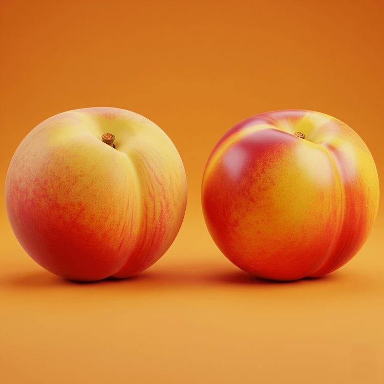 KI generiert: Zwei gelb-orangefarbene Pfirsiche vor einem orangen Hintergrund.
