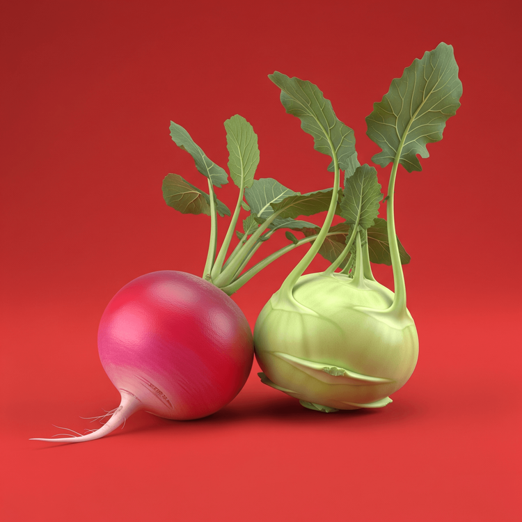KI generiert: Radieschen und Kohlrabi auf rotem Hintergrund.