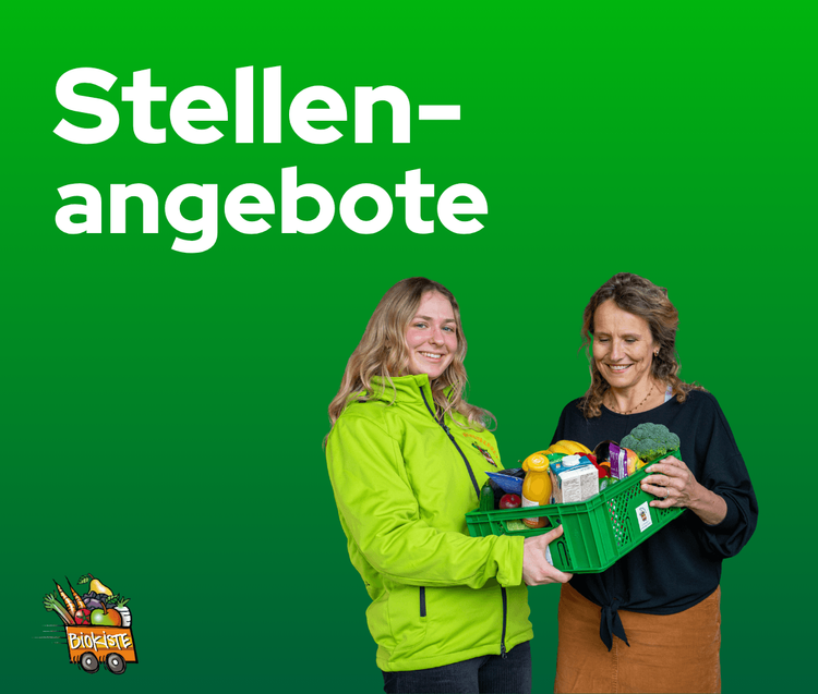 Zwei Frauen mit grüner Kiste voller Lebensmittel vor grünem Hintergrund mit Text Stellenangebote